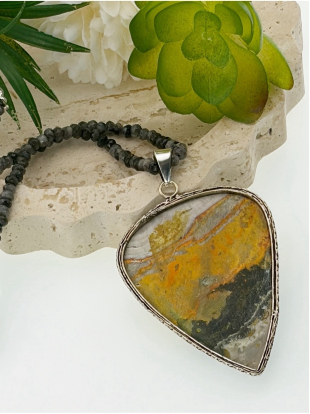 XL Bumblebee Jasper Pendant Moonstone Necklace 925 Sterling Silver Overlay - Picture 5 of 7